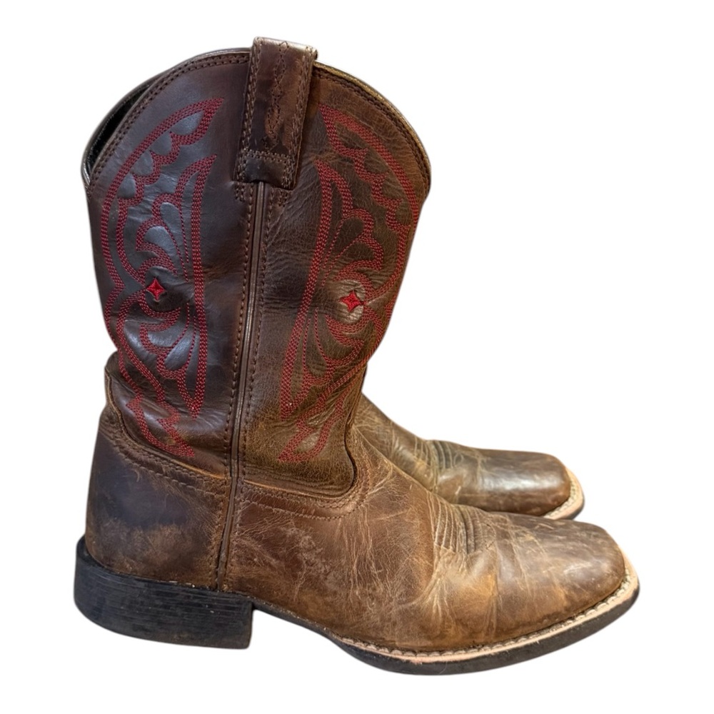 Ariat Quickdraw Leather Western Cowboy Boots Distressed Brown/Red Kids Size 3